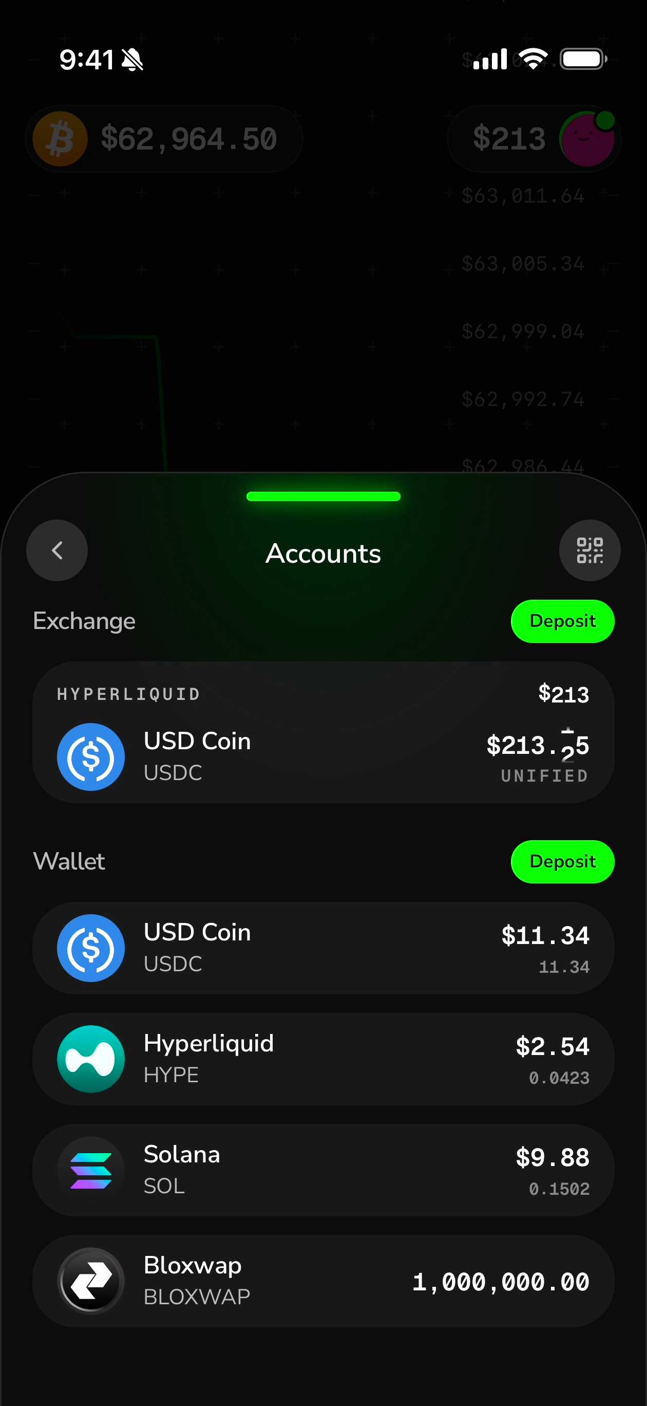 The Accounts sheet with 1,000,000 BLOXWAP in the Wallet section