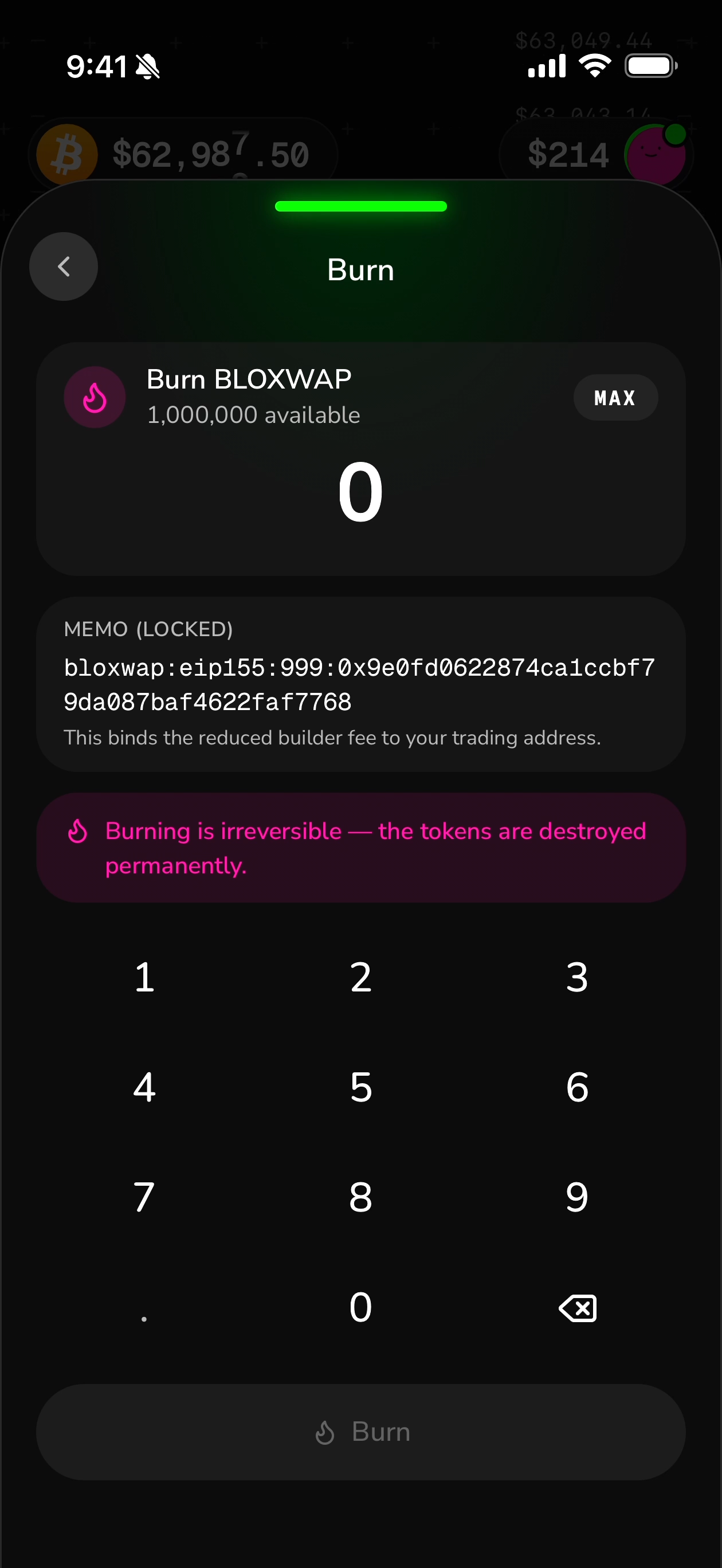 The Burn screen with the locked memo and MAX button