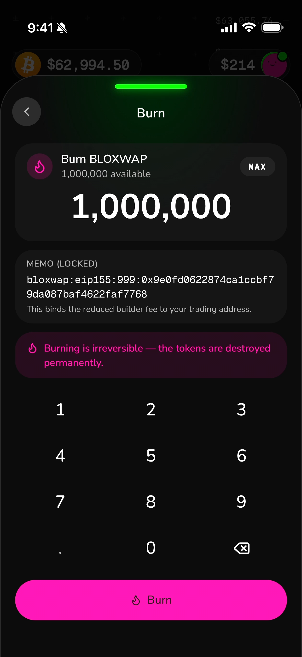The Burn screen with 1,000,000 entered and the Burn button active