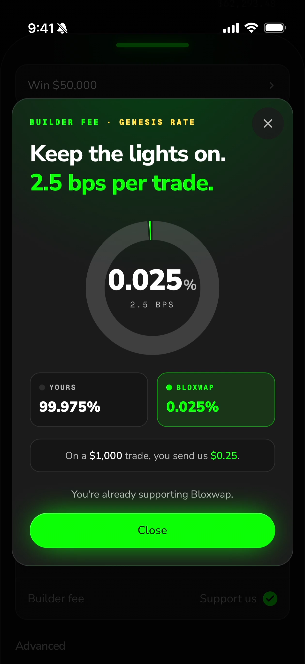 The builder-fee dialog showing the Genesis Rate of 2.5 bps per trade